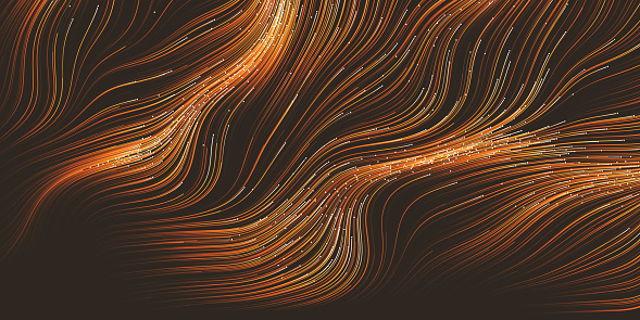 Orange and Brown Moving, Flowing Stream of Particles in Curving, Wavy Lines - Digitally Generated Futuristic Abstract 3D Geometric Striped Background Design, Generative Art in Editable Vector Format