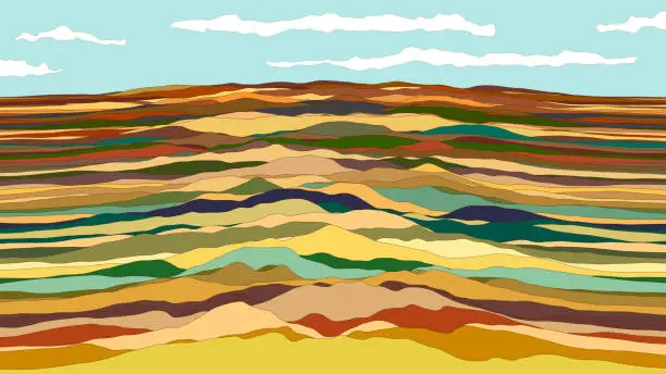 Vector illustration of Colorful arid desert landscape, hills and sky.