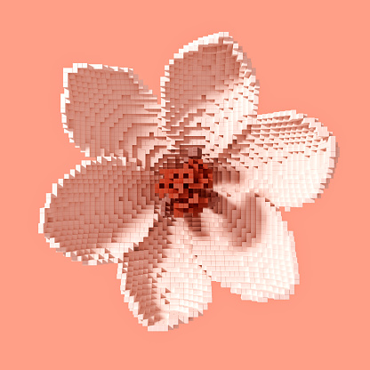 Blooming flower made of 3d pixels. NFT concept. 3D Illustration.
