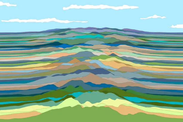 Vector illustration of Colorful landscape, hills and sky.