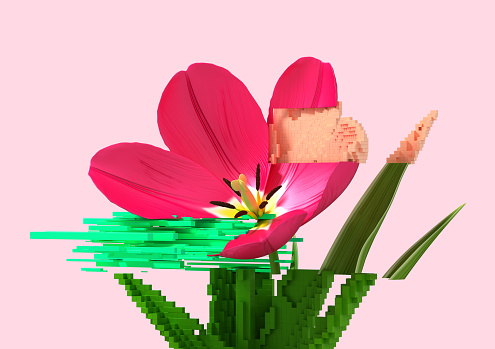3d glitch of flower tulip. NFT concept. 3d illustration.