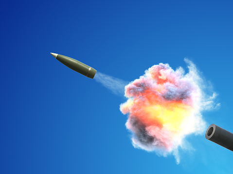 The flight of a projectile during a shot from a cannon. 3d illustration.