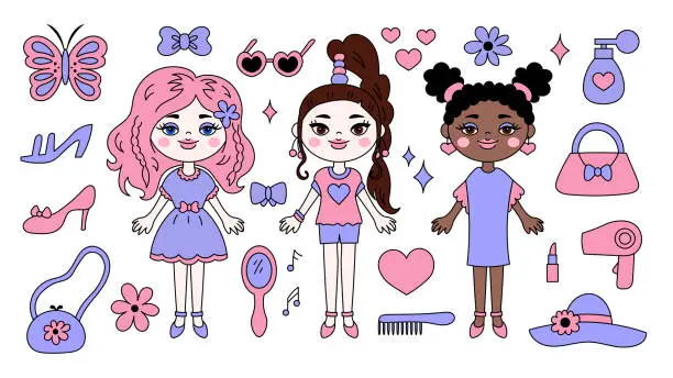 Vector illustration of Cute 90s girls beauty fashion accessories set