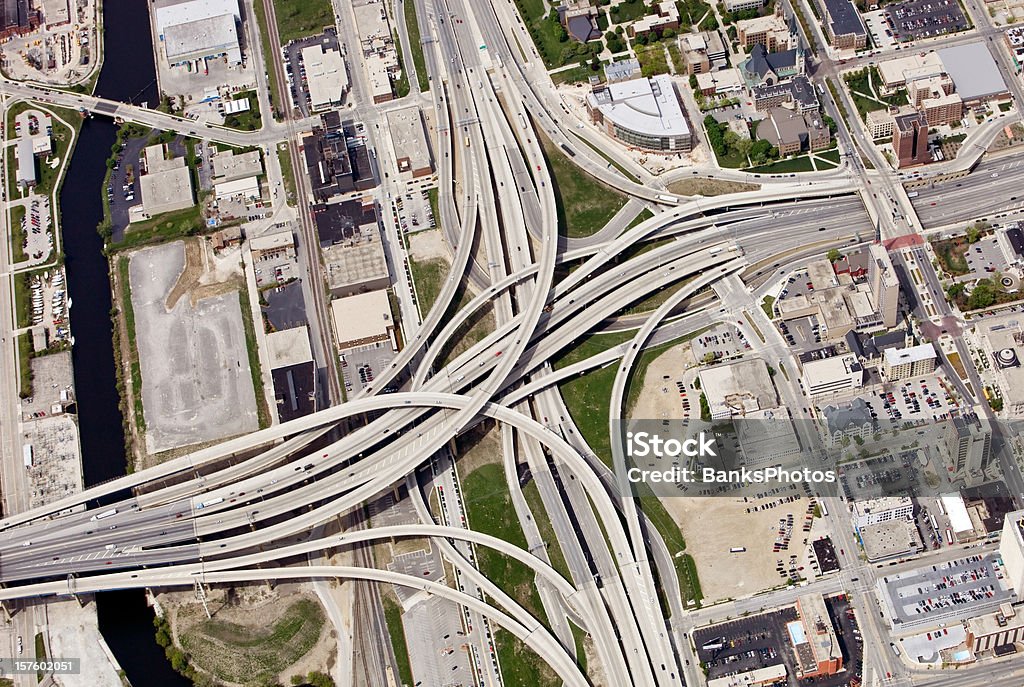 Large Interstate Highway Interchange in Downtown Milwaukee Wisconsin Aerial view of a large interstate highway interchange in the downtown area of Milwaukee, Wisconsin. This is the Marquette Interchange (I-94, I,43 and I-794).Shot from the open window of a small airplane.  Aerial View Stock Photo