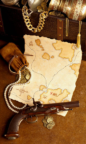 istock Pirate Treasure Chest, Map and Pistol. Vertical. 157602116