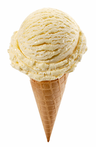 A single scoop of vanilla ice cream just beginning to melt, on a cone,isolated on white background,clipping path included.