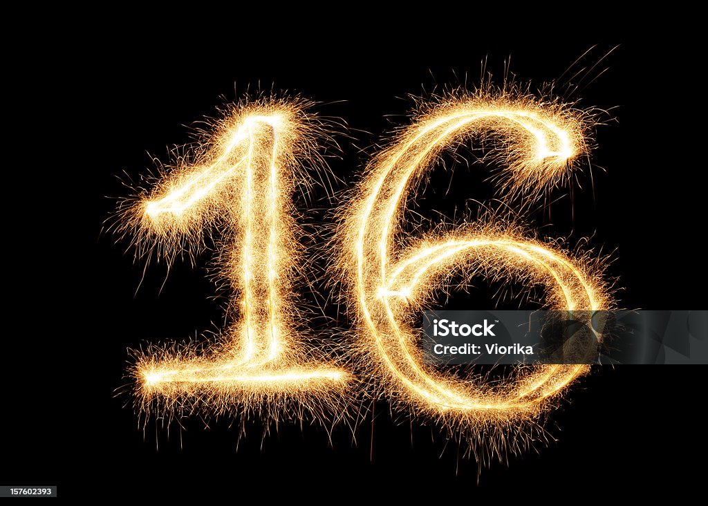 Sparkling Number 16 (XXL) Sparkling number 16 on a pure black background. Can be used for birthdays, anniversaries. Number 16 Stock Photo