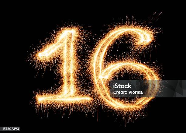 Sparkling Number 16 Stock Photo - Download Image Now - Number 16, Anniversary, Black Background