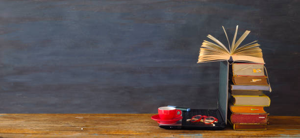 Various multicolored books,, file folder and laptop computer, office work,reading,literature,education,library,home office concept, still life, panoramic,free copy space