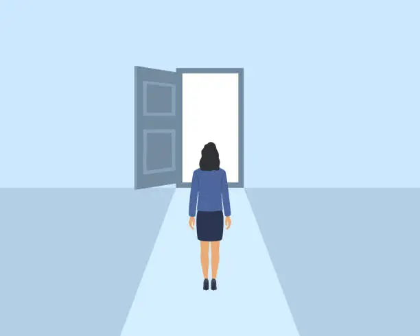 Vector illustration of Businesswoman Standing In Front Of Opened Door. Choice And Opportunity Concept