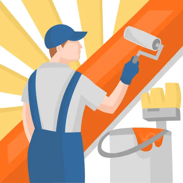 Vector illustration of Painter in uniform with paint roller and orange paint bucket with brush during painting service works and orange stripe on background - vector image