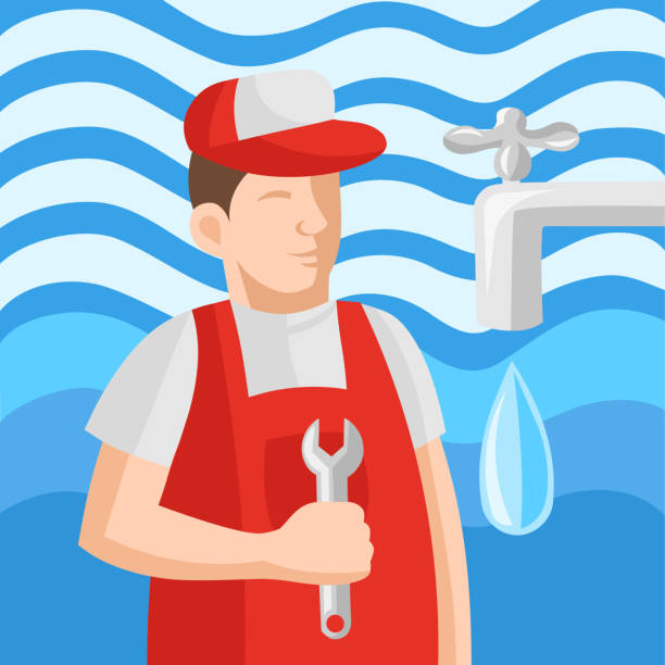 ilustrações de stock, clip art, desenhos animados e ícones de plumber in uniform with wrench during plumbing service works with water on background - vector image - sink drain plumber domestic kitchen