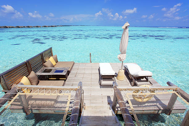 Tropical paradise scene with umbrella and jetty in Indian sea at Dhiffushi Holiday island at South Ari atoll, Maldives. Beautiful turquoise Indian ocean sea with white sand. Luxury travel holidays background. Property released. Photo taken by Sony a7R II, 42 Mpix.
