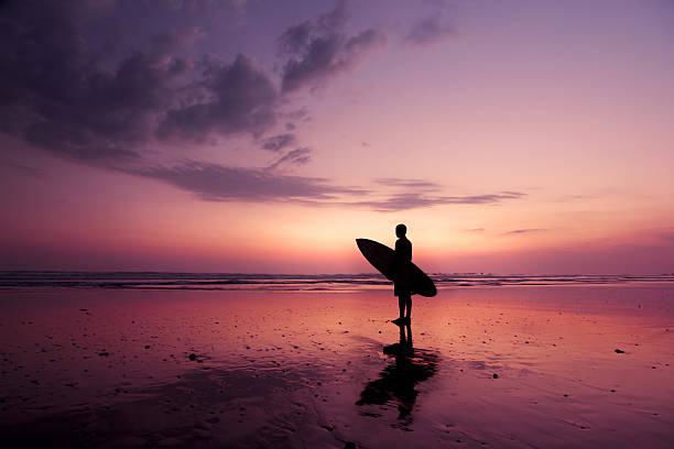 Surfer at sunset stock photo