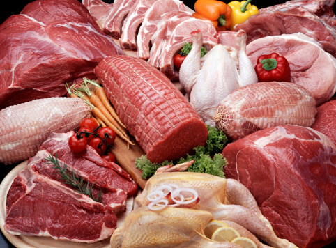 A variety of butcher fresh meats.Beef,chickens and pork.