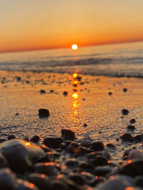 istock Vertical of a sandy beach against the sea at sunset 1576044929