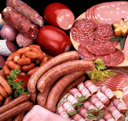 A variety of processed cold meat products.