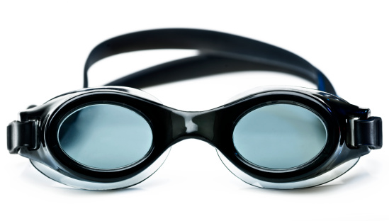 Black swimming goggles on white background (this picture has been shot with a 31 megapixels super high definition Hasselblad HD3 II camera).