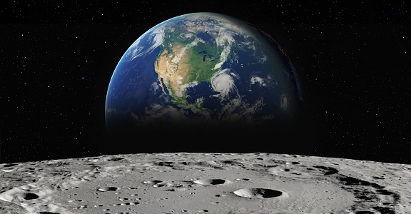 Moon looking blue in space. 3D scene created and modelled in Adobe After Effects and the planet textures are taken from Solar System Scope official website (https://www.solarsystemscope.com/textures/)