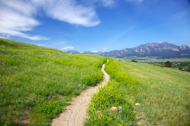 트레일 있는 flatirons 콜로라도 불더 소재 - flatirons colorado boulder mountain range 뉴스 사진 이미지