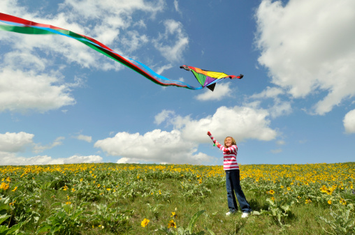 A young girl flies a brightly coloured kite in a rolling meadow filled with spring wildflowers.