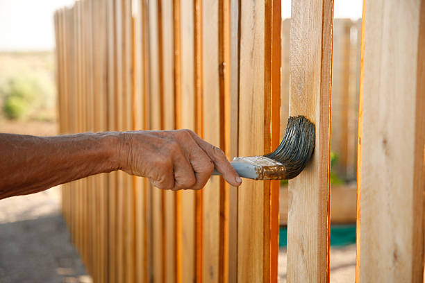 Weather Proofing a Fence Applying weather proofing treatment to a cedar picket fence. Focus is on the paintbrush. wood stain stock pictures, royalty-free photos & images