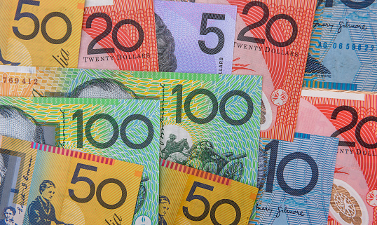 Aussie australian dollars (AUD) banknotes  as financial background. Saving money concept