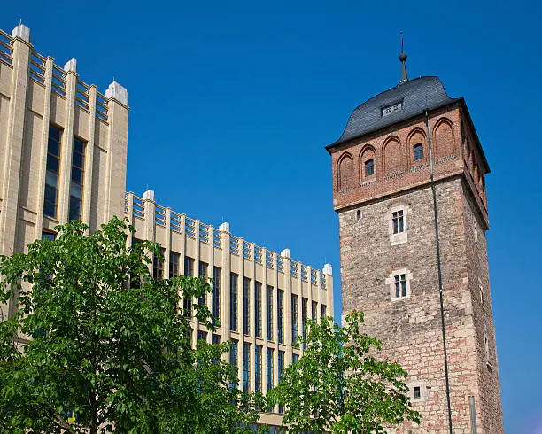 Chemnitz - German City of Modernity: Historic "Red Tower" as a former part of the town wall meets new building (new town wall?)