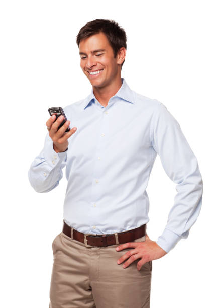 istock Handsome Businessman Smiling and Reading Text Message. Isolated 157607736