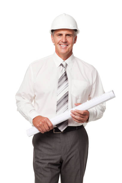 istock Handsome Businessman in Hardhat With Blueprints. Isolated 157607761