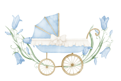 Watercolor Baby Pram with blue flowers in vintage style. Retro kid Stroller in cute pastel colors. Carriage for children on isolated white background. Illustration of perambulator for newborn party.