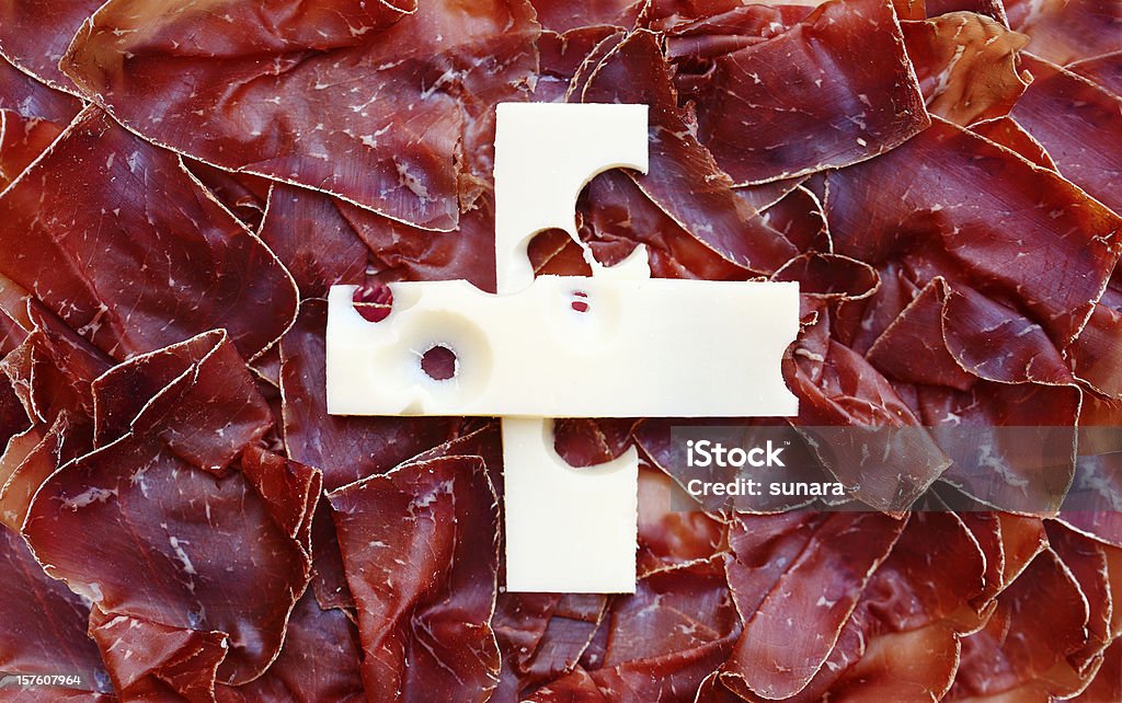 Gourmet Flag Switzerland Switzerland's Flag made with Swiss specialties like thinly sliced dried meat and Emmentaler Cheese. Switzerland Stock Photo