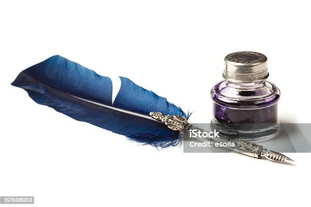 Quill Pen And Inkwell Stock Photo - Download Image Now - Feather, Ink Well, Blue