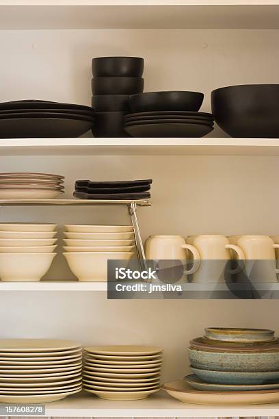 Kitchen Cabinet With Black And White Dishes Stock Photo - Download Image Now - Cabinet, Crockery, Storage Compartment