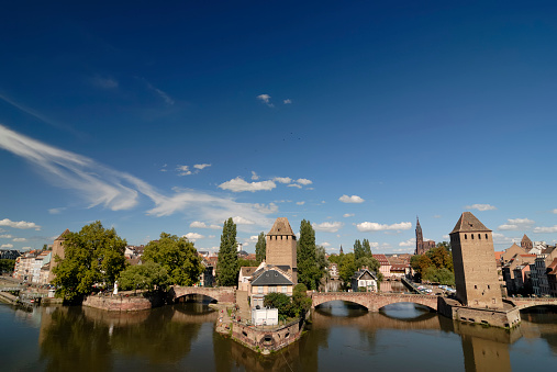 View on the city of Strassbourg in France with a blue sky and water