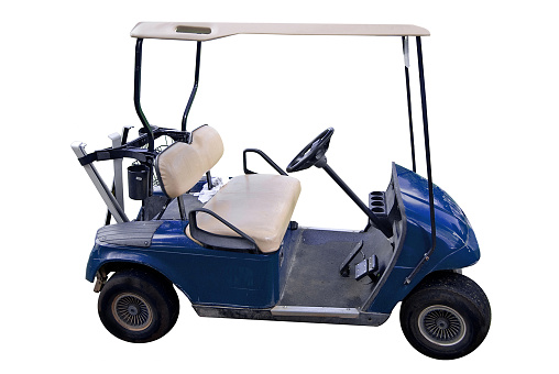 This blue golf cart is isolated on a white background with copy space.