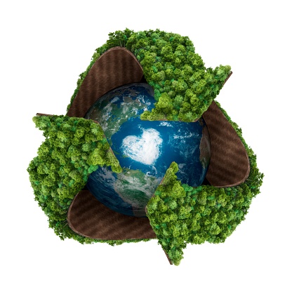 Ecology concept: highly detailed recycling symbol made of trees seen from above, gently swaddling planet Earth and its heart shaped cloud. Computer generated and lit with global radiosity. Subtle grain texture added. Earth's maps courtesy of http://www.shadedrelief.com 