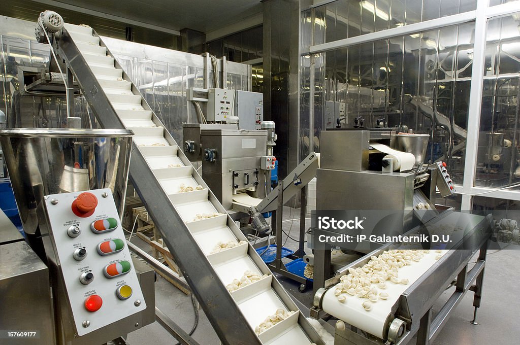 Línea de producción en la fábrica de alimentos. Ravioli la preparación - Foto de stock de Alimento libre de derechos