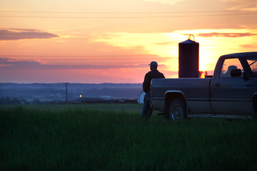 Farmer gazing out at his drop with grain silo and sunset in background.