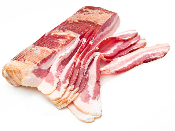 Slices of bacon on white background
