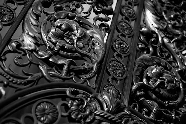 Ornate Wrought Iron Door in black and white, shallow depth of field