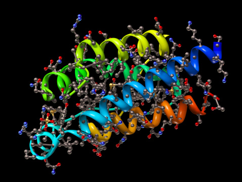 A ball and stick + ribbons model of human Interleukin 2 or IL-2. Interleukin is a hormone which acts as a signalling molecule for the immune system.