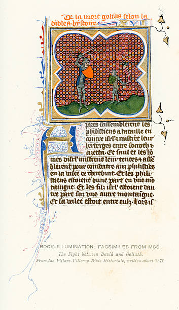 mittelalterliche beleuchtung david und goliath - manuscript medieval medieval illuminated letter old stock-grafiken, -clipart, -cartoons und -symbole