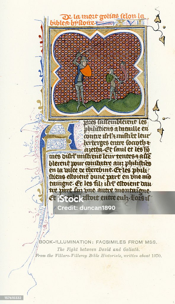 Illuminazione Davide e Golia medievale - Illustrazione stock royalty-free di Capolettera medievale