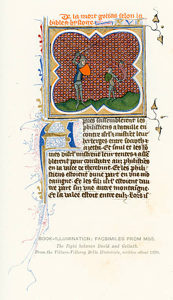 średniowieczny oświetlenie david i goliat - manuscript medieval medieval illuminated letter old stock illustrations