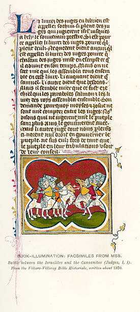 średniowieczny oświetlenie israelites i canaanites - manuscript medieval medieval illuminated letter old stock illustrations