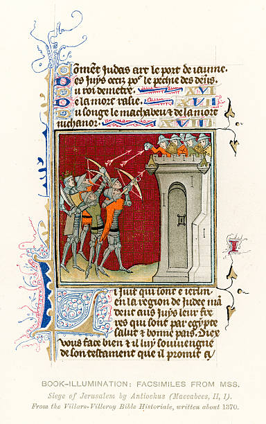 średniowieczny oświetlenie oblężenie of jerusalem - manuscript medieval medieval illuminated letter old stock illustrations