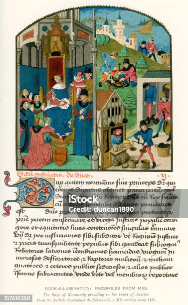 Vetores de Iluminação Medieval De Justiça Na Idade Média e mais imagens de Medieval - Medieval, Manuscrito - Documento, Letra Iluminada