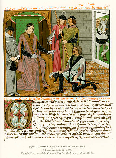 mittelalterliche beleuchtung prince erhalt der envoy - manuscript medieval medieval illuminated letter old stock-grafiken, -clipart, -cartoons und -symbole