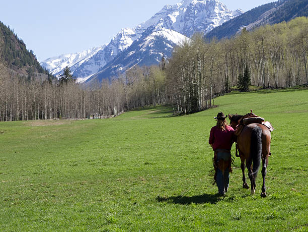 カウボーイウォ��ーキング彼の馬山のフィールドにオープン - cowboy blue meadow horizontal ストックフォトと画像